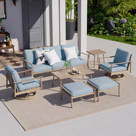 HAPPATIO Patio Outdoor Furniture Set - 7 Pieces Aluminum Outdoor Conversation Set Includes 1 Three-Seater Sofa, 1 Side Table, 1 Coffee Table, 2 Swivel Chairs and 2 Ottomans for Porch, Lawn