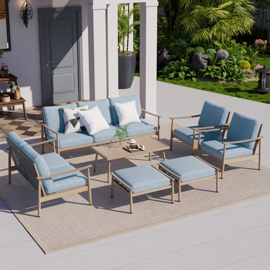 HAPPATIO Patio Outdoor Furniture Set - 7 Pieces Aluminum Outdoor Conversation Set Includes 1 Three-Seater Sofa, 1 Coffee Table, 1 Loveseat, 2 Armchairs and 2 Ottomans for Porch, Yard, Lawn