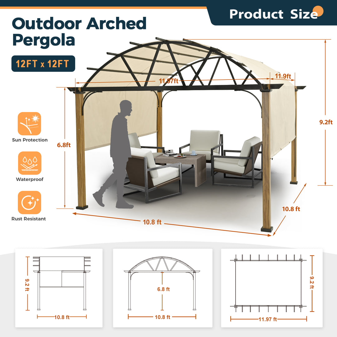 HAPPATIO 12' X 12' Outdoor Pergola with Sling Retractable Canopy, Wood-Like Aluminum Patio Pergola Shade Arched Top for Patio, Backyard, Garden,Poolside
