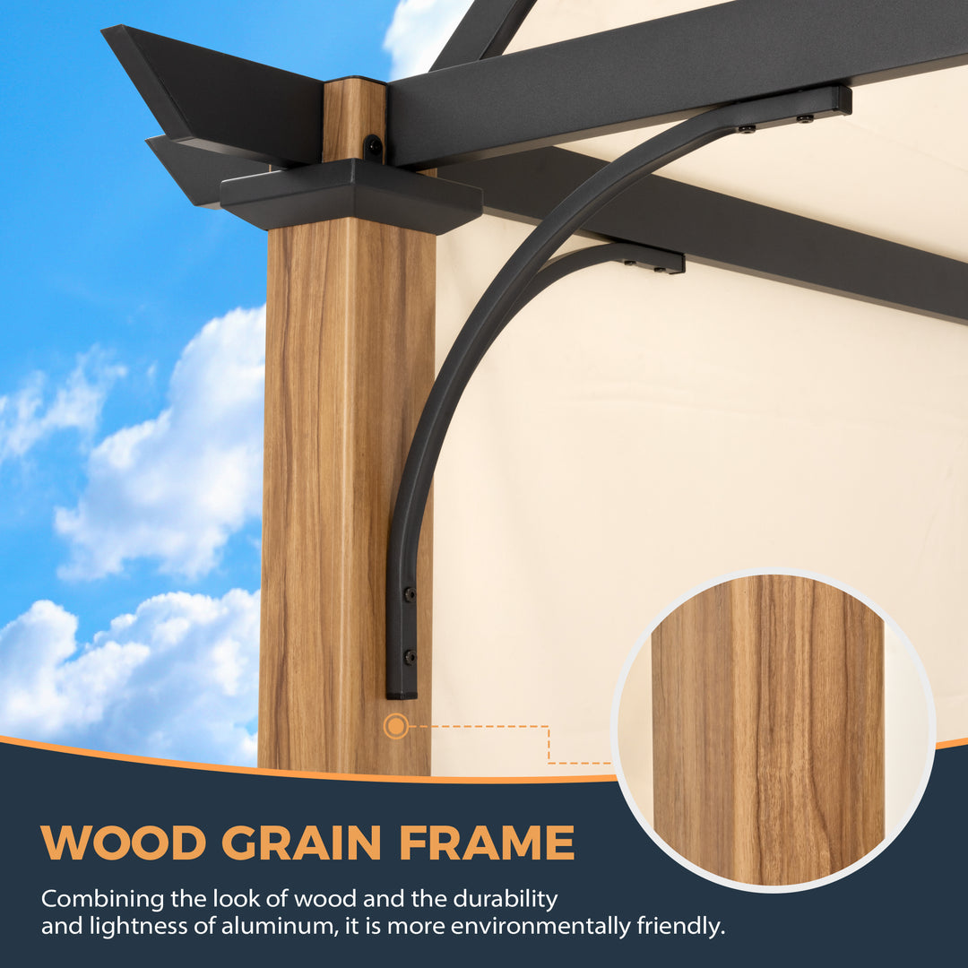 HAPPATIO 12' X 12' Outdoor Pergola with Sling Retractable Canopy, Wood-Like Aluminum Patio Pergola Shade Arched Top for Patio, Backyard, Garden,Poolside