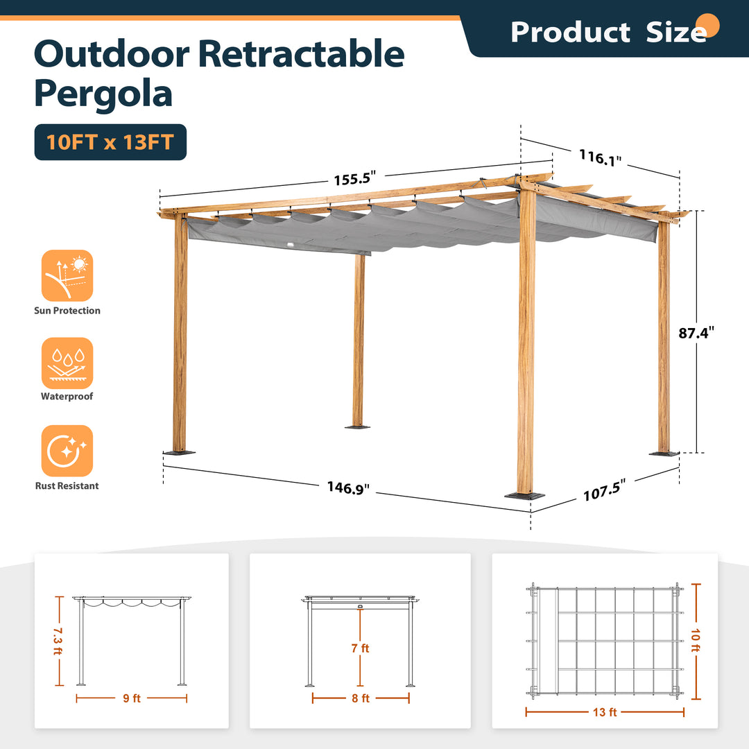 HAPPATIO Retractable Pergola Canopy for Backyard, Garden, Patio; Woodgrain-Look Aluminum Frame with Retractable Pergola Canopy, Includes Anchors and Expansion Screws