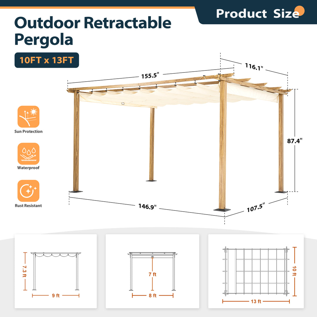 HAPPATIO Retractable Pergola Canopy for Backyard, Garden, Patio; Woodgrain-Look Aluminum Frame with Retractable Pergola Canopy, Includes Anchors and Expansion Screws