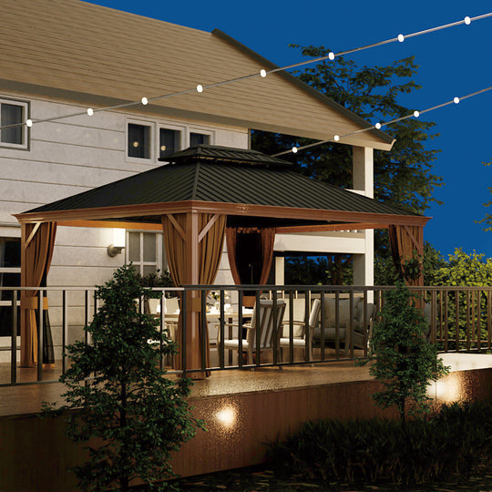 HAPPATIO 12' x 16' Hardtop Gazebo, Outdoor Wood Grain Frame Aluminum Gazebo，Double Roof Permanent Patio Gazebo Canopy with Netting and Curtains for Garden, Patio, Lawns, Parties