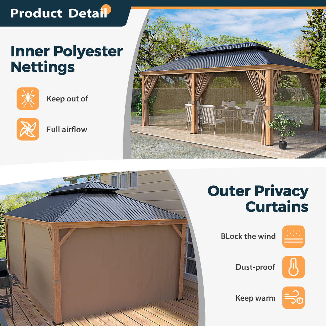 HAPPATIO 12' x 20' Hardtop Gazebo - Galvanized Steel Patio Double Roof Aluminum Gazebo with Curtains and Netting, Metal Permanent Pavilion Outdoor Gazebos for Patios, Gardens, and Lawns