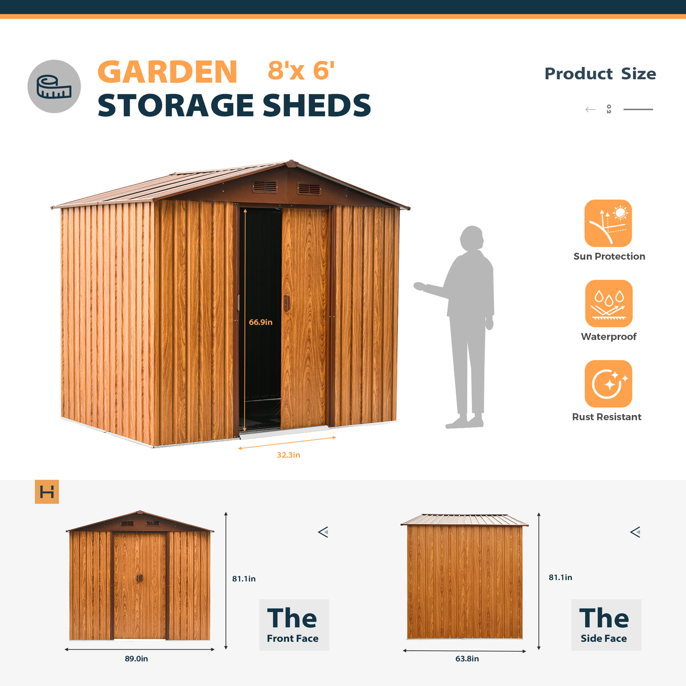Storage Shed 8'x6', Outdoor Shed Woodgrain-Look Galvanized Metal Shed, Outside Sheds with Double Sliding Doors, Foundation, Outdoor Storage Shed Waterproof for Backyard, Garbage, Patio, Bikes