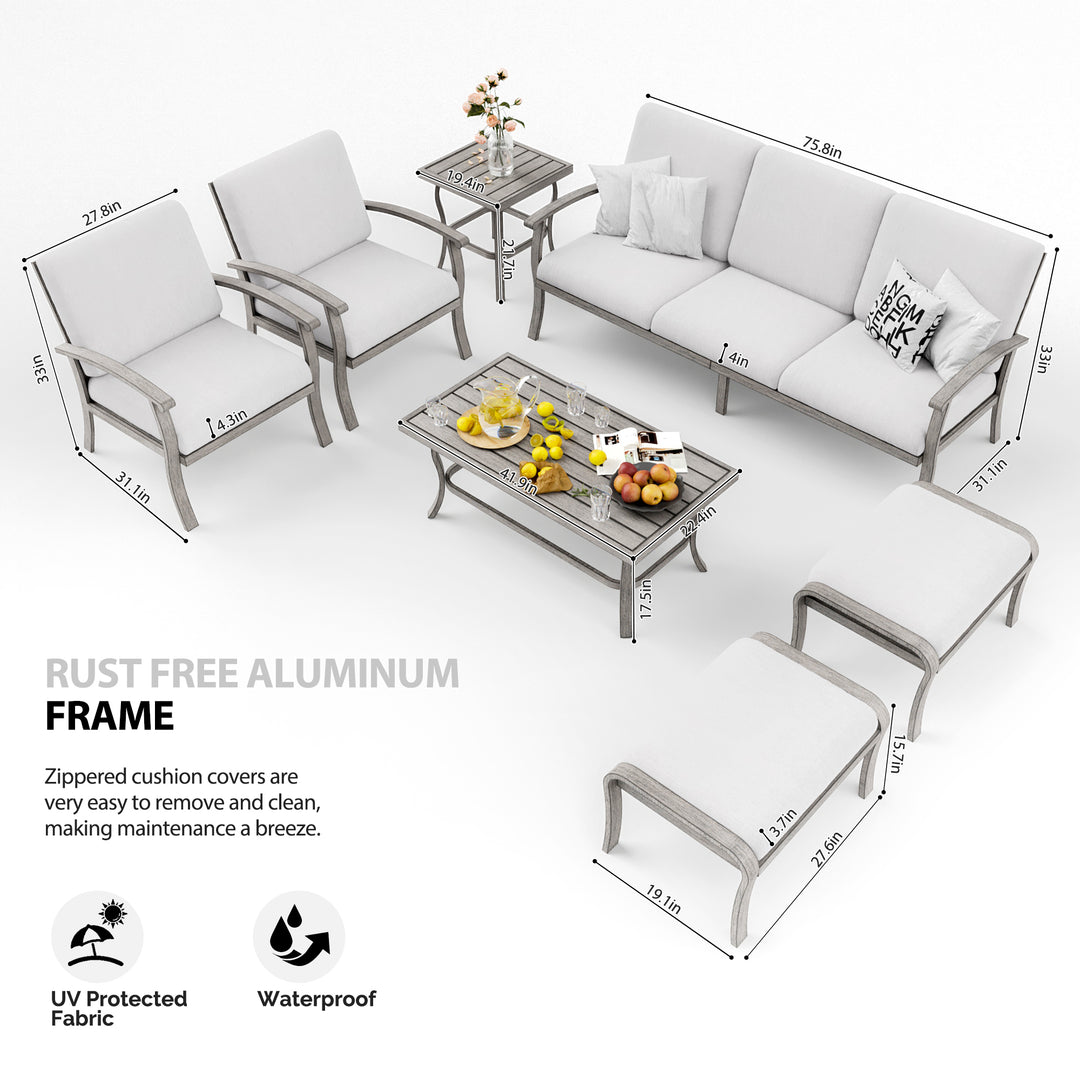 HAPPATIO 7 Piece Aluminum Patio Furniture Set, Outdoor Sectional Sofa with Ottomans and Coffee Table, Garden Conversation Set with Armchairs for Lawn Deck (Gray)