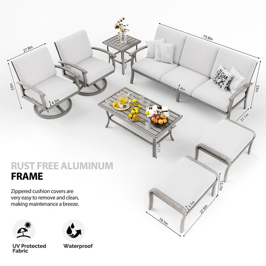 HAPPATIO 7 Piece Aluminum Patio Furniture Set, Outdoor Sectional Sofa with Ottomans and Coffee Table, Garden Conversation Set with Armchairs for Lawn Deck (Gray)