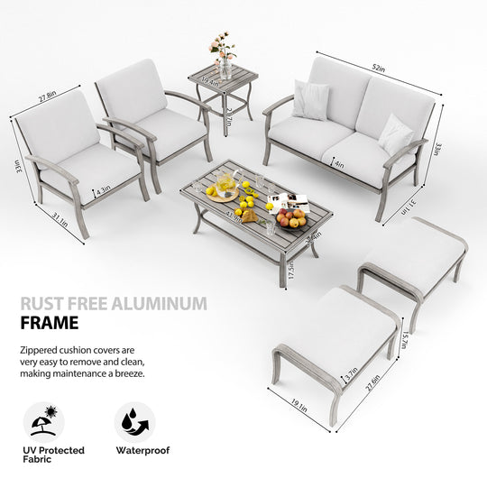 HAPPATIO 7 Piece Aluminum Patio Furniture Set, Outdoor Sectional Sofa with Ottomans and Coffee Table, Garden Conversation Set with Armchairs for Lawn Deck (Gray)