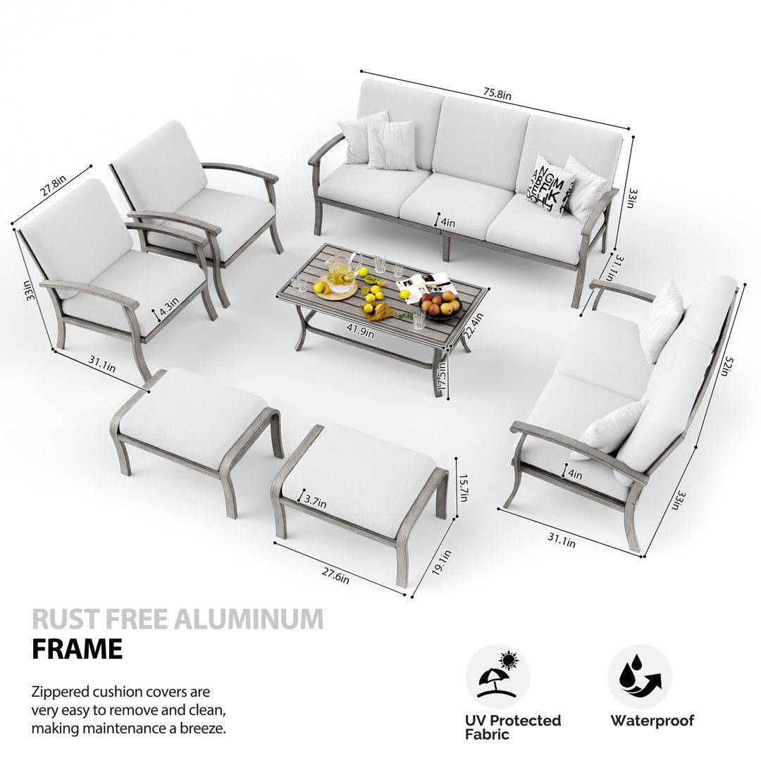 HAPPATIO 7 Piece Aluminum Patio Furniture Set, Outdoor Sectional Sofa with Ottomans and Coffee Table, Garden Conversation Set with Armchairs for Lawn Deck (Gray)