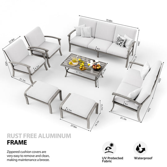 HAPPATIO 7 Piece Aluminum Patio Furniture Set, Outdoor Sectional Sofa with Ottomans and Coffee Table, Garden Conversation Set with Armchairs for Lawn Deck (Gray)