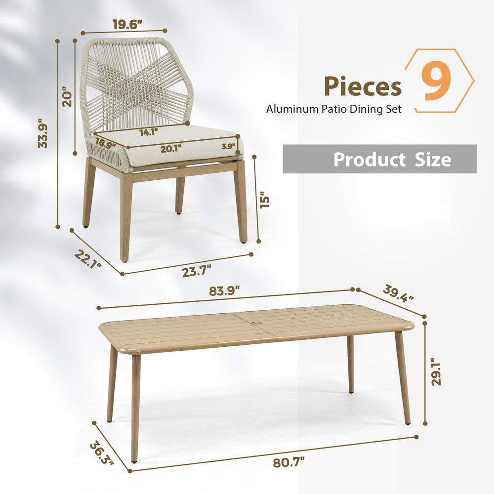 9 Piece Outdoor Patio Dining Set, 8 Person Rope Woven Chairs with Soft Cushions, Wood Grain Aluminum Frame Weather Resistant Furniture for Backyard Lawn Garden