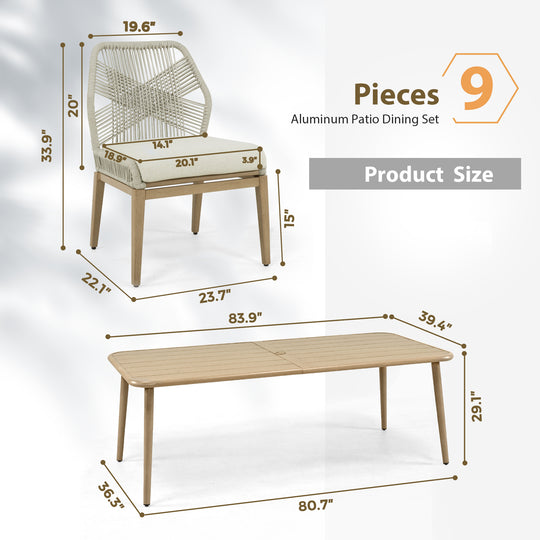 9 Piece Outdoor Patio Dining Set, 8 Person Rope Woven Chairs with Soft Cushions, Wood Grain Aluminum Frame Weather Resistant Furniture for Backyard Lawn Garden