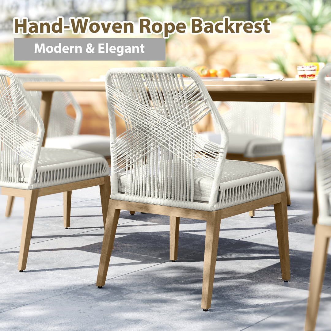 9 Piece Outdoor Patio Dining Set, 8 Person Rope Woven Chairs with Soft Cushions, Wood Grain Aluminum Frame Weather Resistant Furniture for Backyard Lawn Garden