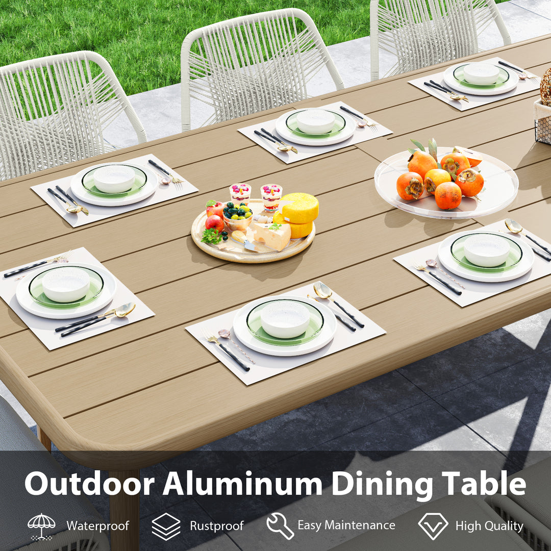 9 Piece Outdoor Patio Dining Set, 8 Person Rope Woven Chairs with Soft Cushions, Wood Grain Aluminum Frame Weather Resistant Furniture for Backyard Lawn Garden