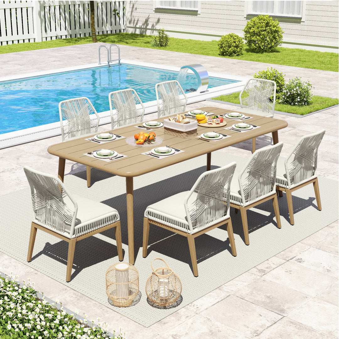 9 Piece Outdoor Patio Dining Set, 8 Person Rope Woven Chairs with Soft Cushions, Wood Grain Aluminum Frame Weather Resistant Furniture for Backyard Lawn Garden
