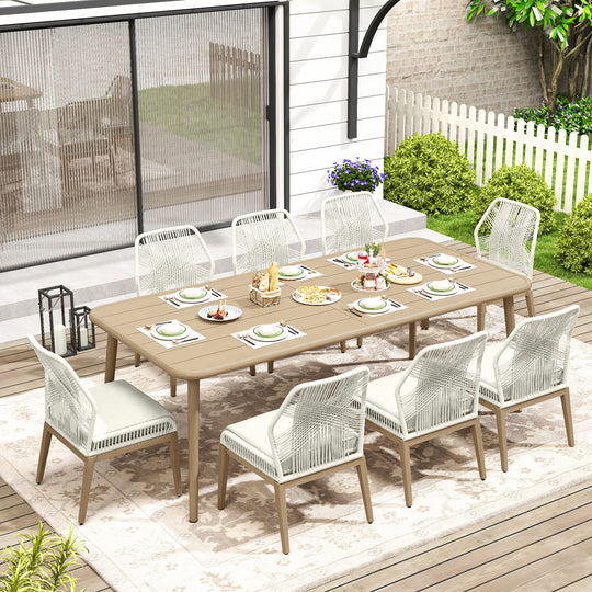 9 Piece Outdoor Patio Dining Set, 8 Person Rope Woven Chairs with Soft Cushions, Wood Grain Aluminum Frame Weather Resistant Furniture for Backyard Lawn Garden