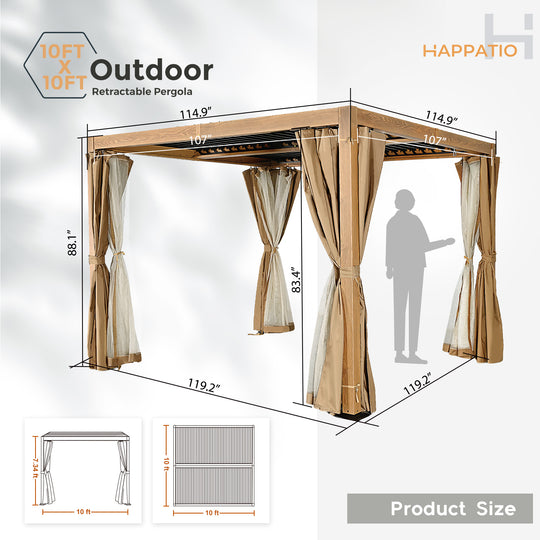 HAPPATIO Outdoor Louvered Pergola, Metal Pergola with Adjustable Rainproof Roof, Patio Pergola with Curtains and Mosquito Nets