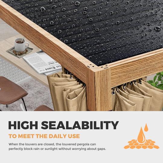 HAPPATIO Outdoor Louvered Pergola, Metal Pergola with Adjustable Rainproof Roof, Patio Pergola with Curtains and Mosquito Nets