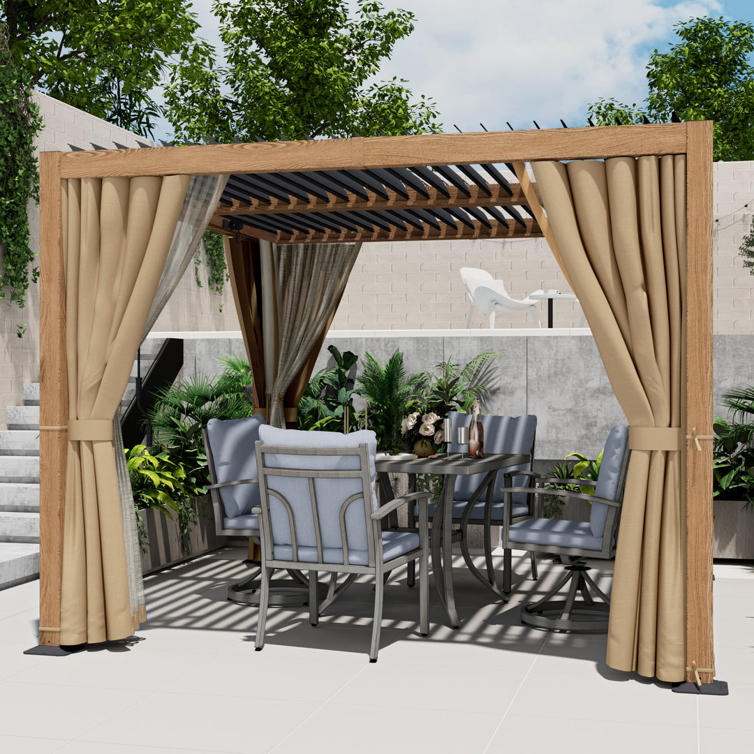 HAPPATIO Outdoor Louvered Pergola, Metal Pergola with Adjustable Rainproof Roof, Patio Pergola with Curtains and Mosquito Nets