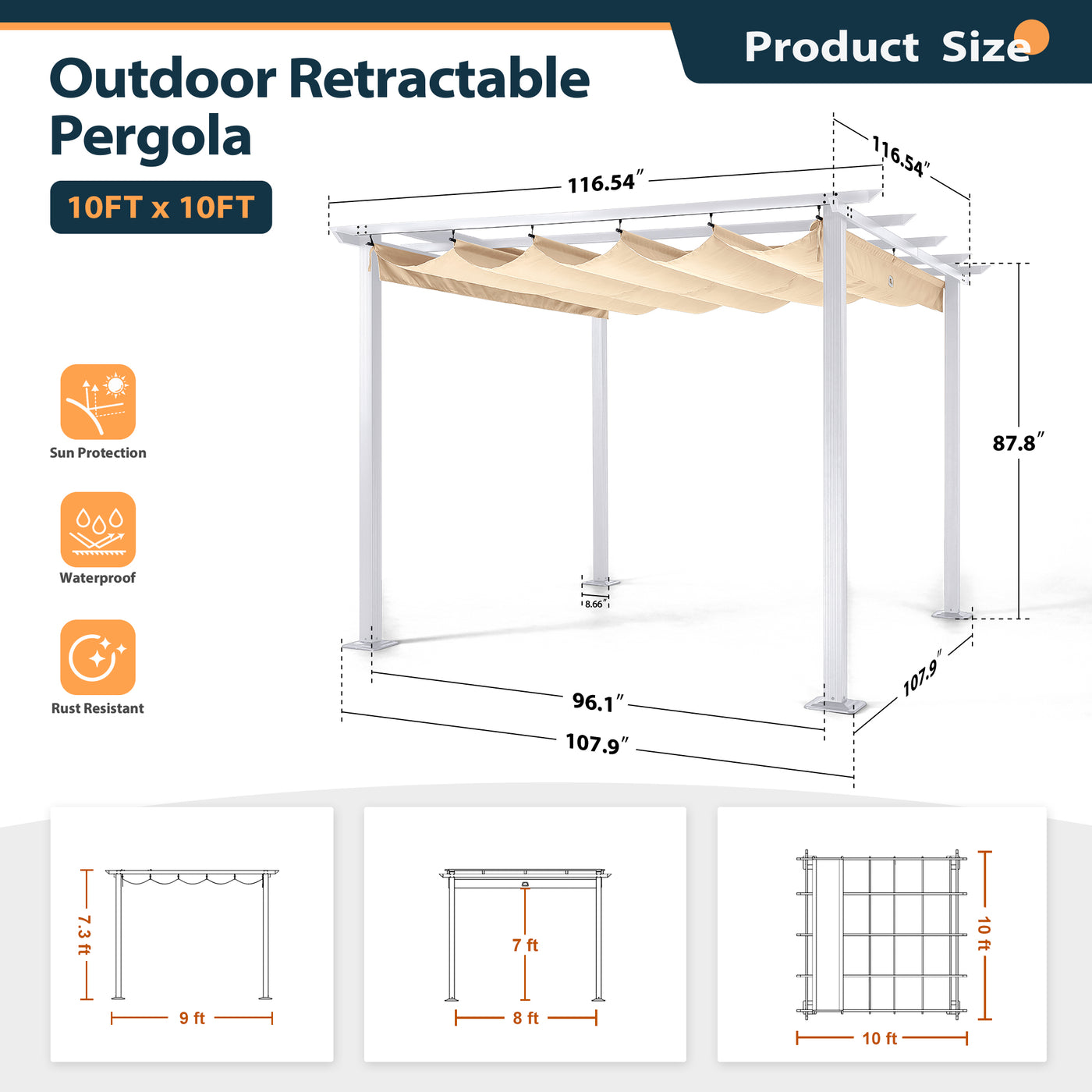 Pergola Retractable Pergola Canopy with White Frame for Backyards, Gardens, Patios, Outdoor Pergola with Sun and Rain-Proof Canopy