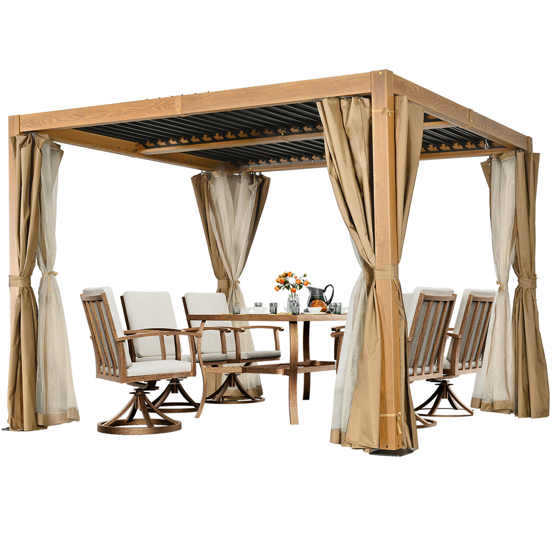 HAPPATIO Outdoor Louvered Pergola, Metal Pergola with Adjustable Rainproof Roof, Patio Pergola with Curtains and Mosquito Nets