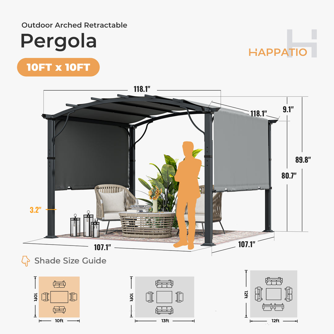 HAPPATIO Outdoor Retractable Pergola, Aluminum Pergola with Canopy Fixed in Various Positions, Arched Roof with Sun Shade Canopy Metal Frame for Backyards, Gardens, Patios