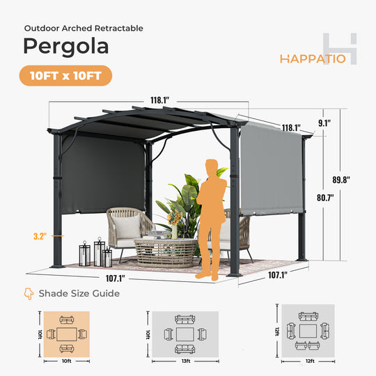 HAPPATIO Outdoor Retractable Pergola, Aluminum Pergola with Canopy Fixed in Various Positions, Arched Roof with Sun Shade Canopy Metal Frame for Backyards, Gardens, Patios