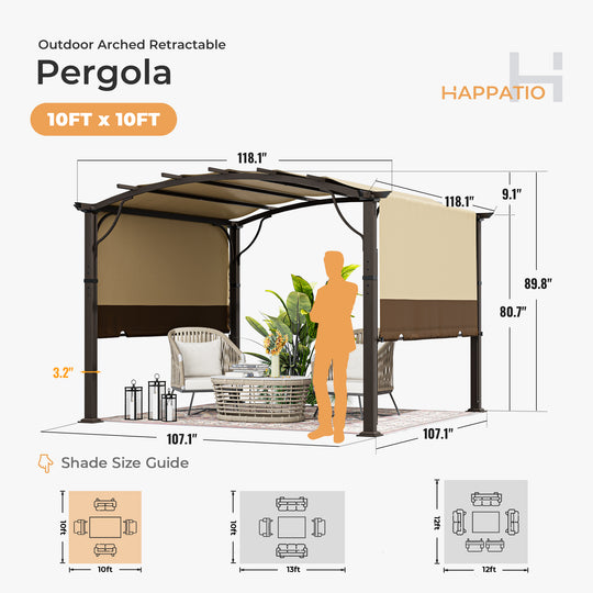 HAPPATIO Outdoor Retractable Pergola, Aluminum Pergola with Canopy Fixed in Various Positions, Arched Roof with Sun Shade Canopy Metal Frame for Backyards, Gardens, Patios