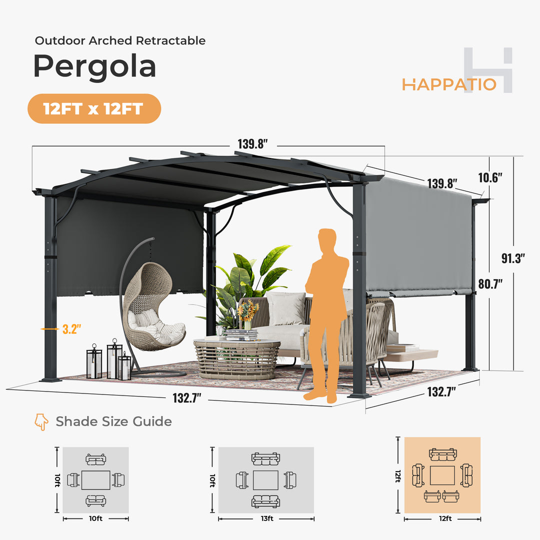 HAPPATIO Outdoor Retractable Pergola, Aluminum Pergola with Canopy Fixed in Various Positions, Arched Roof with Sun Shade Canopy Metal Frame for Backyards, Gardens, Patios