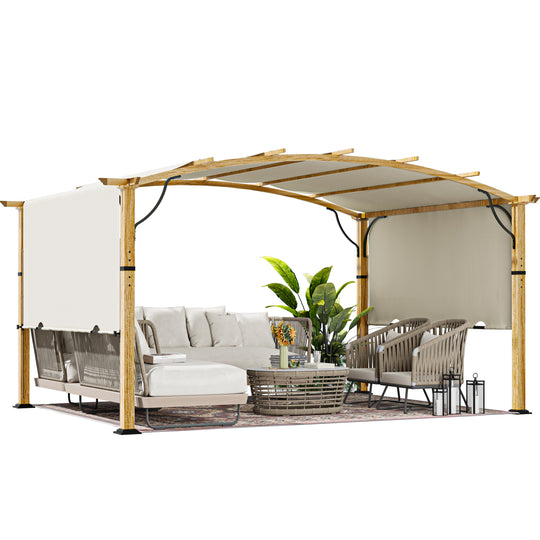 HAPPATIO 10' x13' Outdoor Retractable Pergola, Aluminum Wood Grain Pergola with Canopy Fixed in Various Positions, Arched Roof with Sun Shade Canopy Metal Frame for Backyards, Gardens, Patios