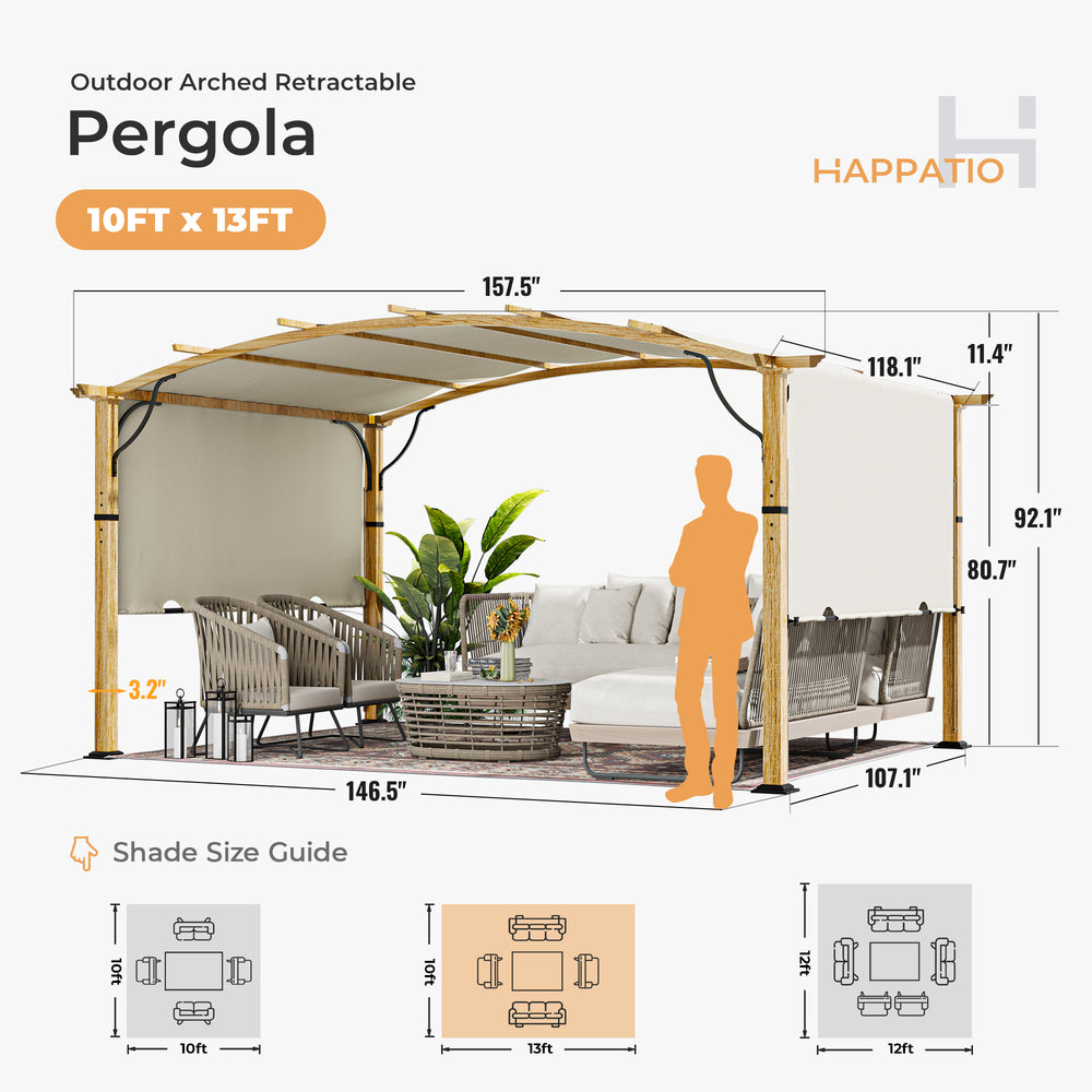 HAPPATIO 10' x13' Outdoor Retractable Pergola, Aluminum Wood Grain Pergola with Canopy Fixed in Various Positions, Arched Roof with Sun Shade Canopy Metal Frame for Backyards, Gardens, Patios