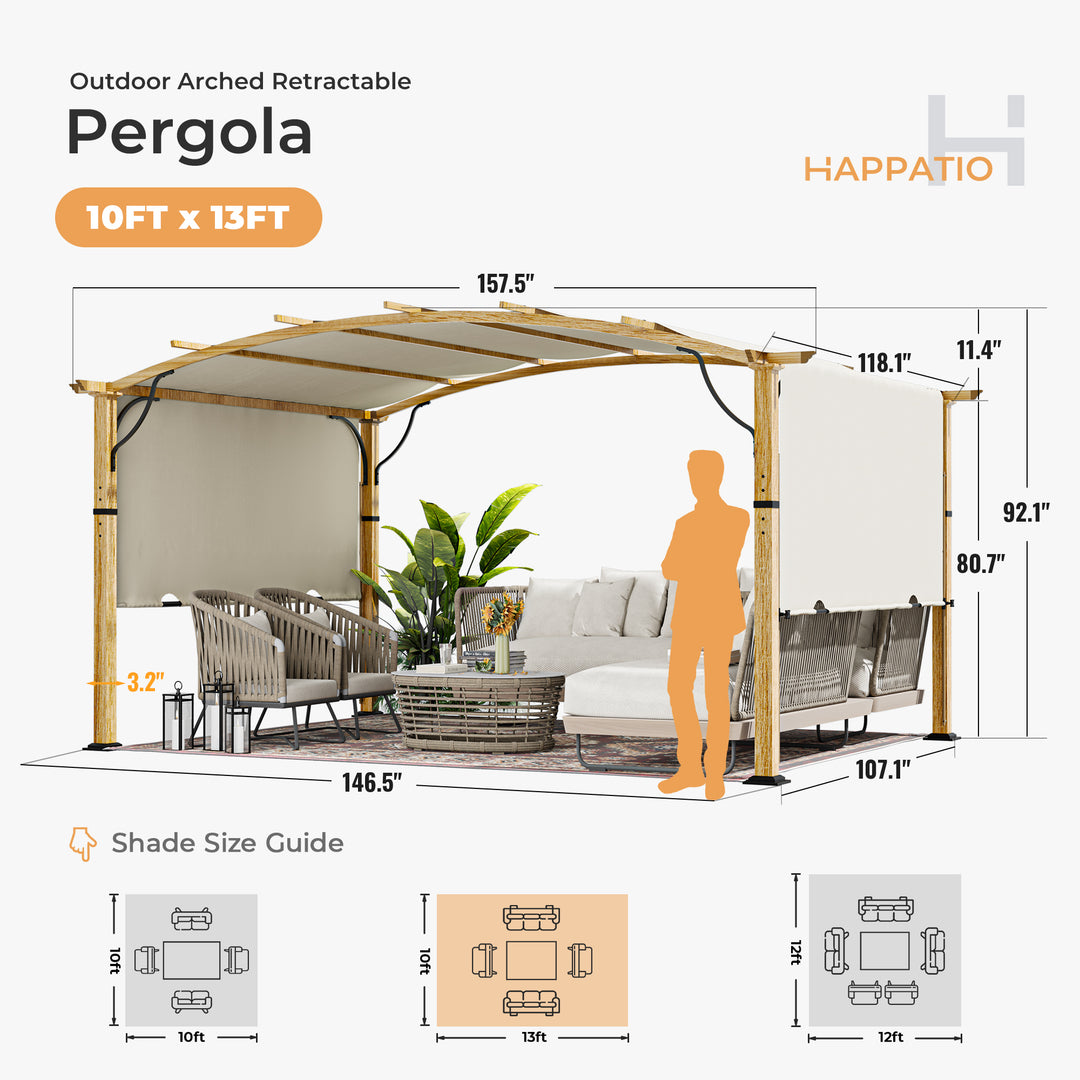 HAPPATIO 10' x13' Outdoor Retractable Pergola, Aluminum Wood Grain Pergola with Canopy Fixed in Various Positions, Arched Roof with Sun Shade Canopy Metal Frame for Backyards, Gardens, Patios