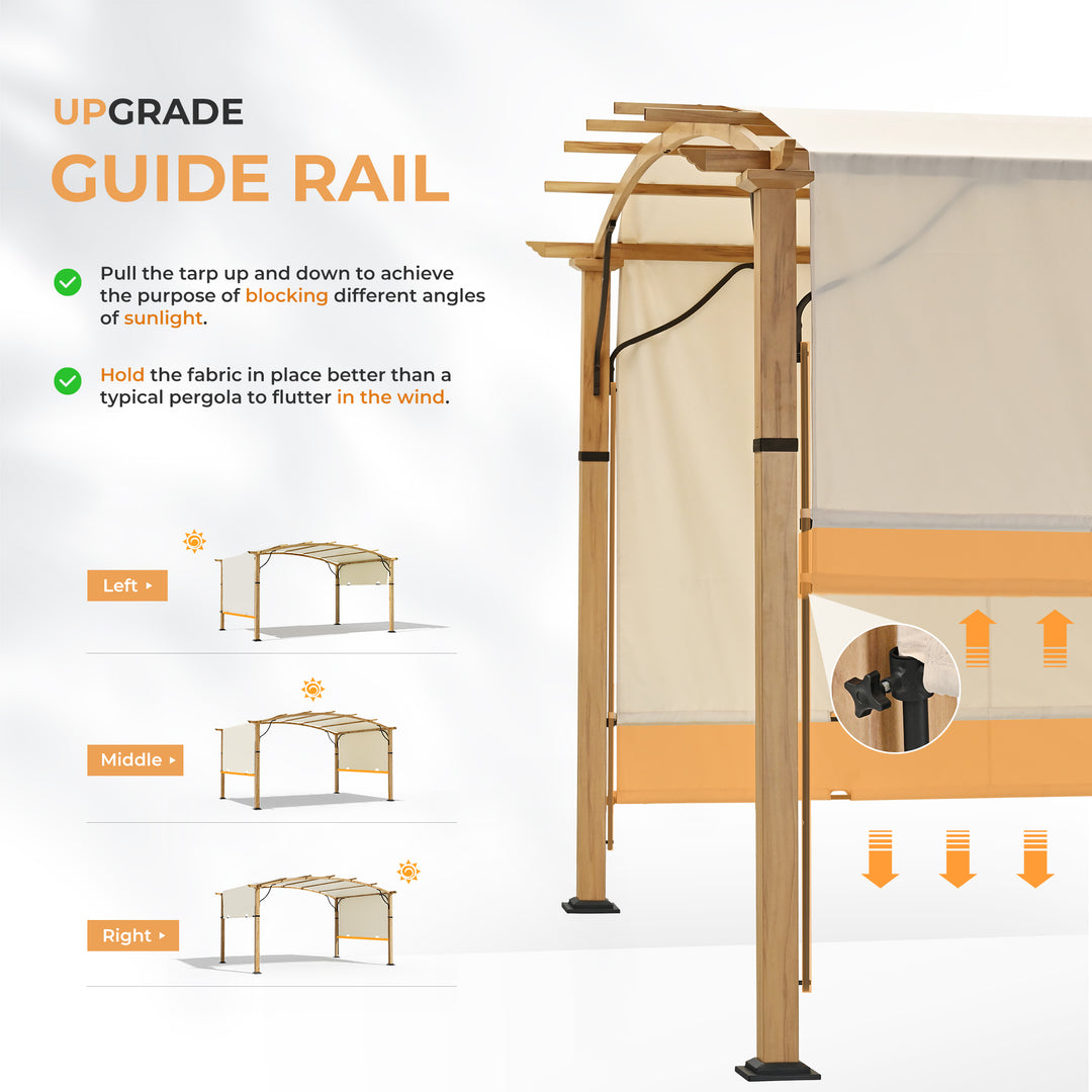 HAPPATIO 10' x13' Outdoor Retractable Pergola, Aluminum Wood Grain Pergola with Canopy Fixed in Various Positions, Arched Roof with Sun Shade Canopy Metal Frame for Backyards, Gardens, Patios