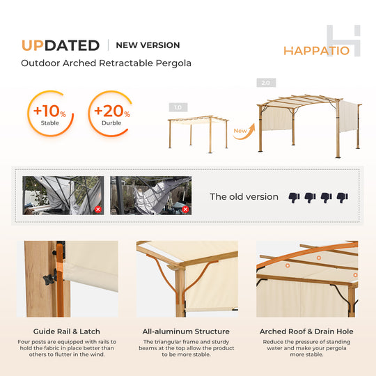 HAPPATIO 10' x13' Outdoor Retractable Pergola, Aluminum Wood Grain Pergola with Canopy Fixed in Various Positions, Arched Roof with Sun Shade Canopy Metal Frame for Backyards, Gardens, Patios