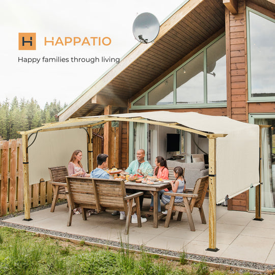 HAPPATIO 10' x13' Outdoor Retractable Pergola, Aluminum Wood Grain Pergola with Canopy Fixed in Various Positions, Arched Roof with Sun Shade Canopy Metal Frame for Backyards, Gardens, Patios