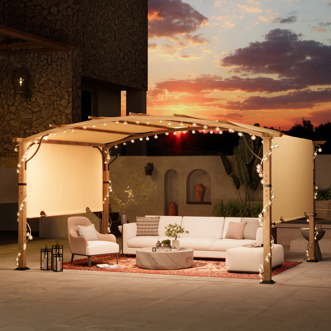 HAPPATIO 10' x13' Outdoor Retractable Pergola, Aluminum Wood Grain Pergola with Canopy Fixed in Various Positions, Arched Roof with Sun Shade Canopy Metal Frame for Backyards, Gardens, Patios