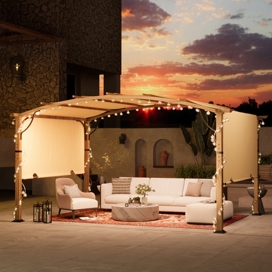 HAPPATIO 10' x13' Outdoor Retractable Pergola, Aluminum Wood Grain Pergola with Canopy Fixed in Various Positions, Arched Roof with Sun Shade Canopy Metal Frame for Backyards, Gardens, Patios