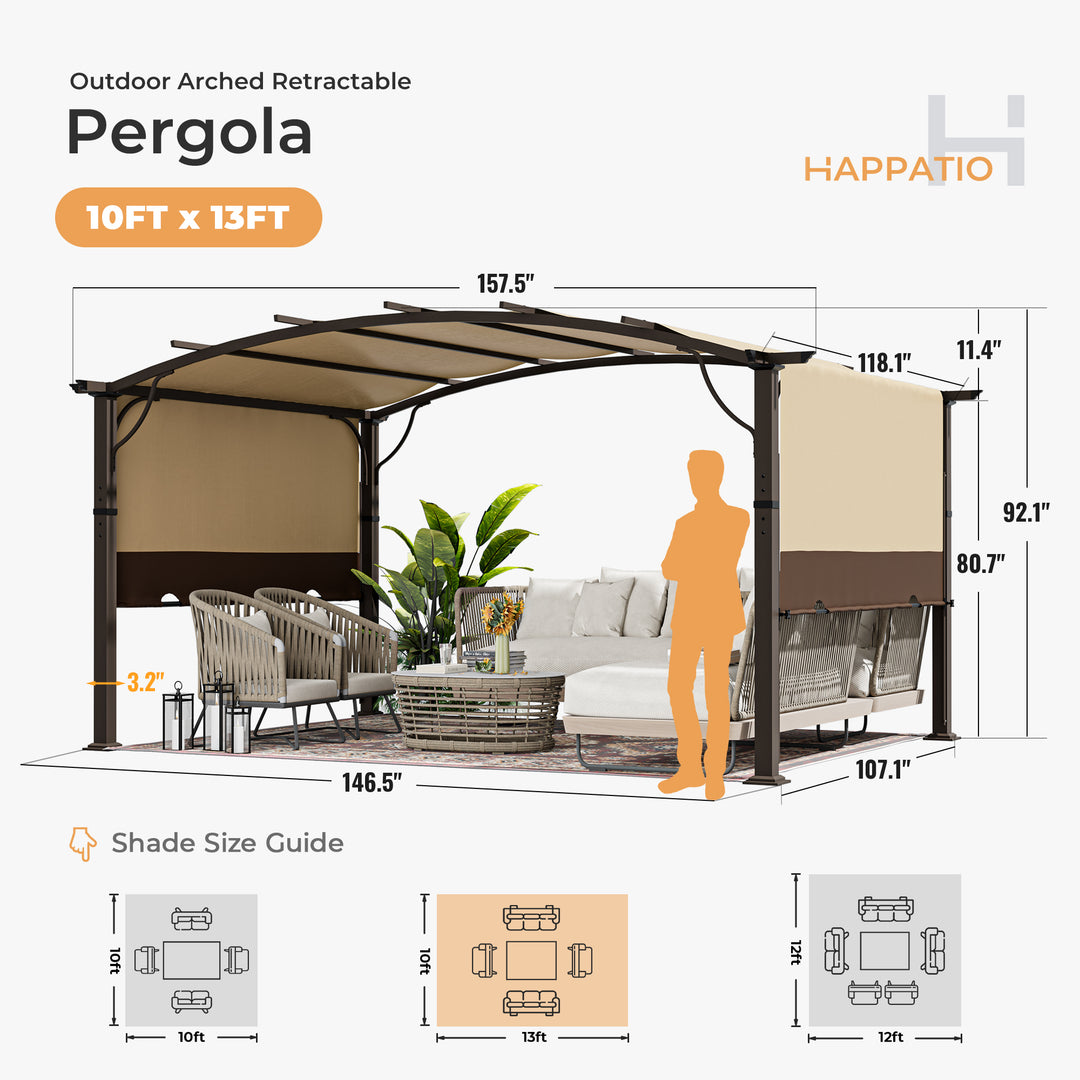 HAPPATIO Outdoor Retractable Pergola, Aluminum Pergola with Canopy Fixed in Various Positions, Arched Roof with Sun Shade Canopy Metal Frame for Backyards, Gardens, Patios
