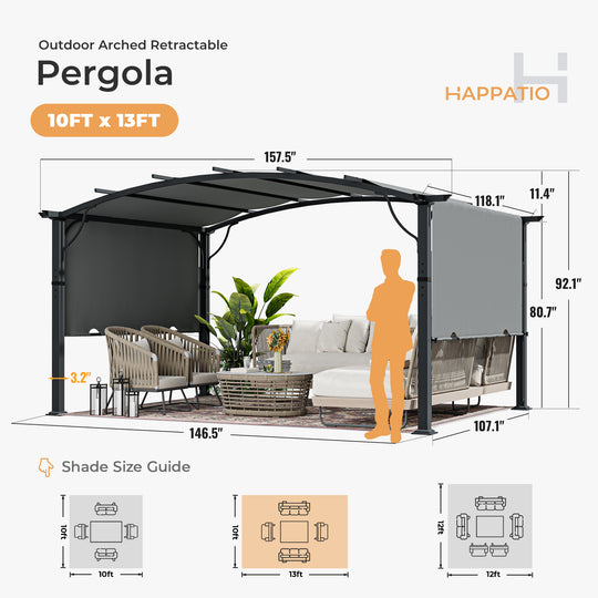 HAPPATIO Outdoor Retractable Pergola, Aluminum Pergola with Canopy Fixed in Various Positions, Arched Roof with Sun Shade Canopy Metal Frame for Backyards, Gardens, Patios