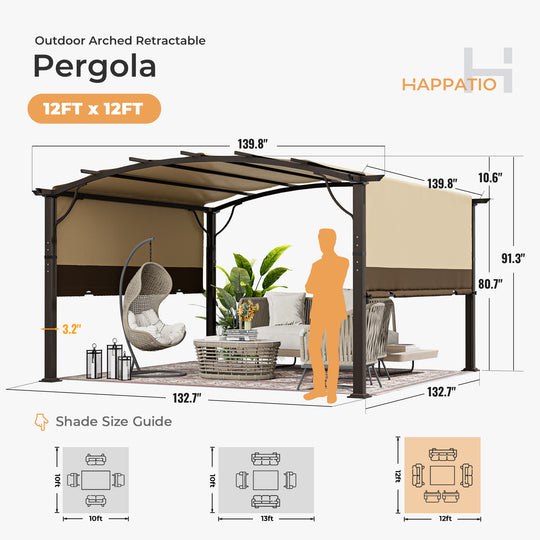 HAPPATIO Outdoor Retractable Pergola, Aluminum Pergola with Canopy Fixed in Various Positions, Arched Roof with Sun Shade Canopy Metal Frame for Backyards, Gardens, Patios