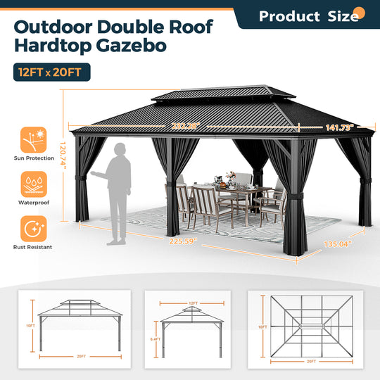 HAPPATIO 12' x 20' Hardtop Gazebo - Galvanized Steel Patio Double Roof Aluminum Gazebo with Curtains and Netting, Metal Permanent Pavilion Outdoor Gazebos for Patios, Gardens, and Lawns