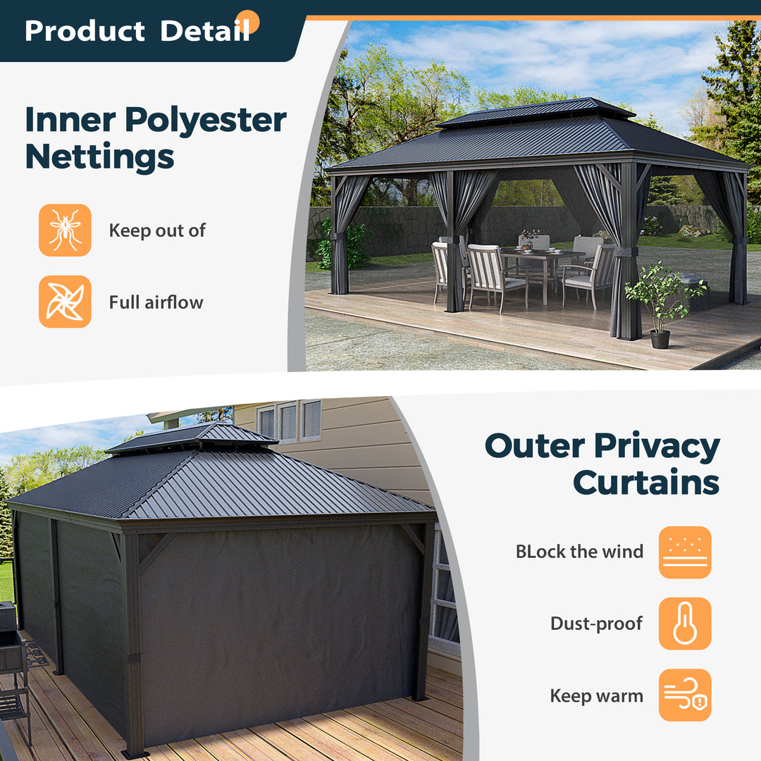 HAPPATIO 12' x 20' Hardtop Gazebo - Galvanized Steel Patio Double Roof Aluminum Gazebo with Curtains and Netting, Metal Permanent Pavilion Outdoor Gazebos for Patios, Gardens, and Lawns