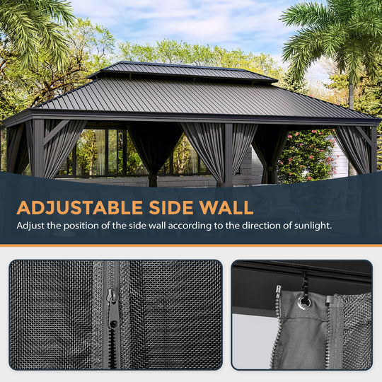 HAPPATIO 12' x 20' Hardtop Gazebo - Galvanized Steel Patio Double Roof Aluminum Gazebo with Curtains and Netting, Metal Permanent Pavilion Outdoor Gazebos for Patios, Gardens, and Lawns