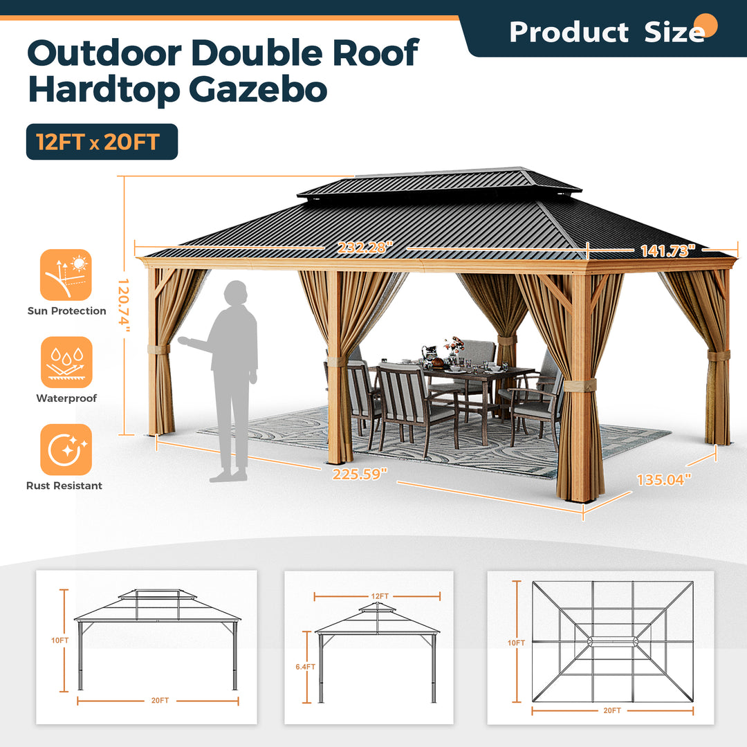 HAPPATIO 12' x 20' Hardtop Gazebo - Galvanized Steel Patio Double Roof Aluminum Gazebo with Curtains and Netting, Metal Permanent Pavilion Outdoor Gazebos for Patios, Gardens, and Lawns