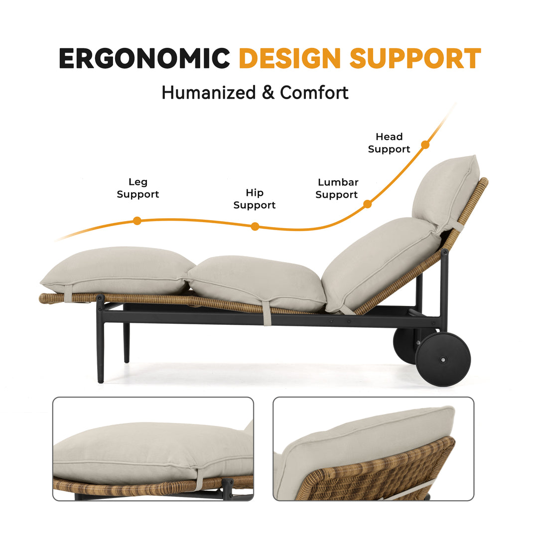 HAPPATIO 2Pcs Patio Chaise Lounge Chairs, Wicker Outdoor Lounge Chairs Set of 2 with Aluminum Frame, Thick Removable Cushion, All-Weather Outdoor Reclining Chair with Wheels for Pool Deck Porch Backyard