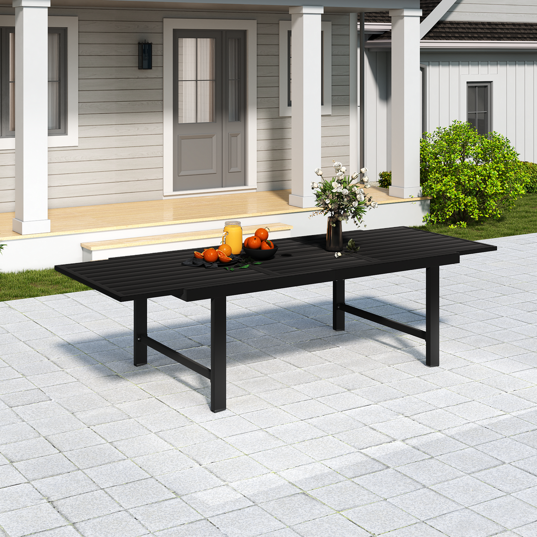 HAPPATIO Outdoor Expandable Dining Table, Aluminum Patio Dining Table for 4-8 Person, Powder-Coated Rectangular Table with Umbrella Hole, Perfect for Backyard, Porch, Deck