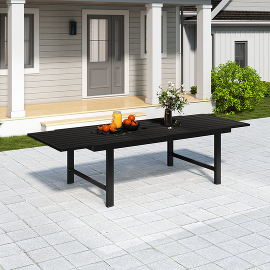 HAPPATIO Outdoor Expandable Dining Table, Aluminum Patio Dining Table for 4-8 Person, Powder-Coated Rectangular Table with Umbrella Hole, Perfect for Backyard, Porch, Deck