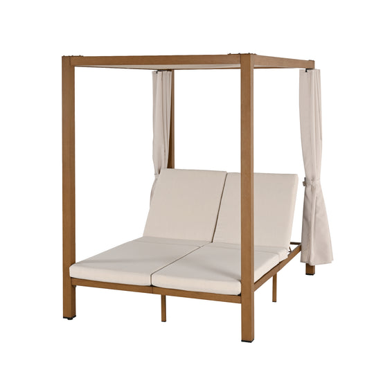 HAPPATIO Outdoor Patio Daybed with Retractable Canopy Bed,Patio Chaise Lounge with Adjustable Backrest, Wood-Like Aluminum Frame with Cushion & Curtain, Outdoor Chaise for Outside Pool, Garden