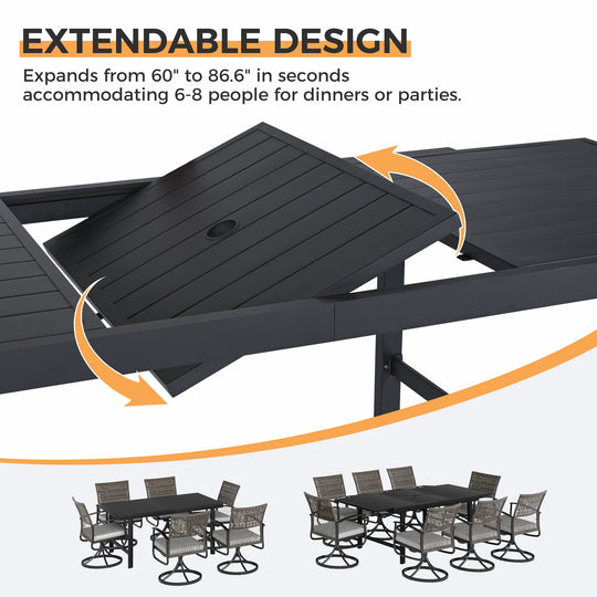 HAPPATIO Outdoor Expandable Dining Table, Aluminum Patio Dining Table for 4-8 Person, Powder-Coated Rectangular Table with Umbrella Hole, Perfect for Backyard, Porch, Deck