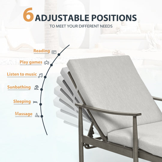 HAPPATIO Outdoor Chaise Lounge Chair - Aluminum Pool Lounge Chair with Adjustable Backrest and Cushion, Curved Armrest, Outdoor Lounge Chair for Beach, Yard, or Poolside